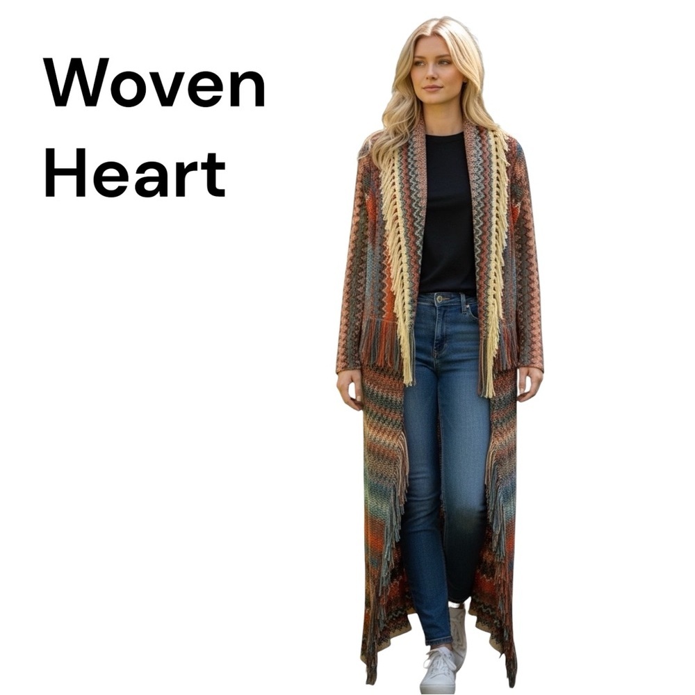 Woven Heart Boho Southwestern Longline Maxi Cardigan Fringe Zigzag Knit Sweater